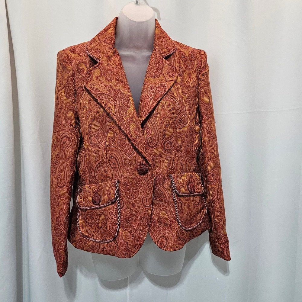 Hanna & Gracie Orange Paisley Brocade Blazer Jacket Size 10 Woven Button boho